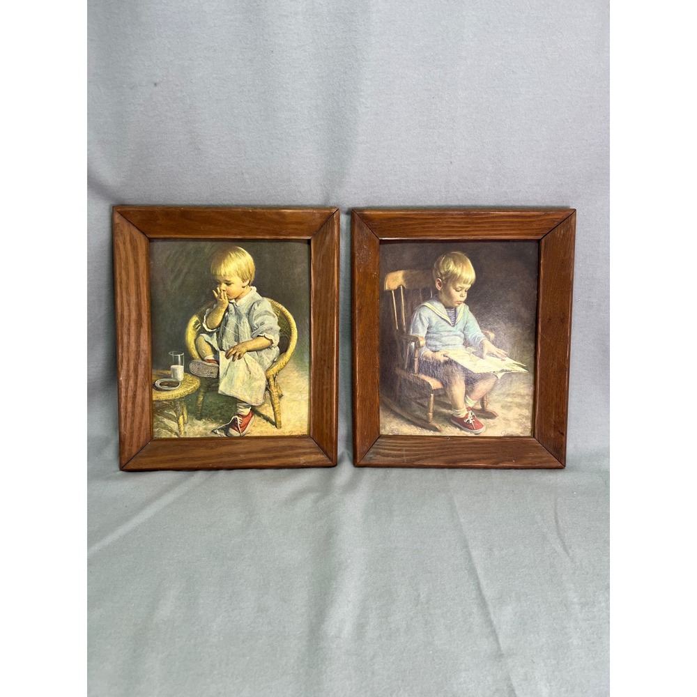 Vintage James J. Ingwersen "Gretchen" "Gary" Rustic Framed Lithographs 60s Decor